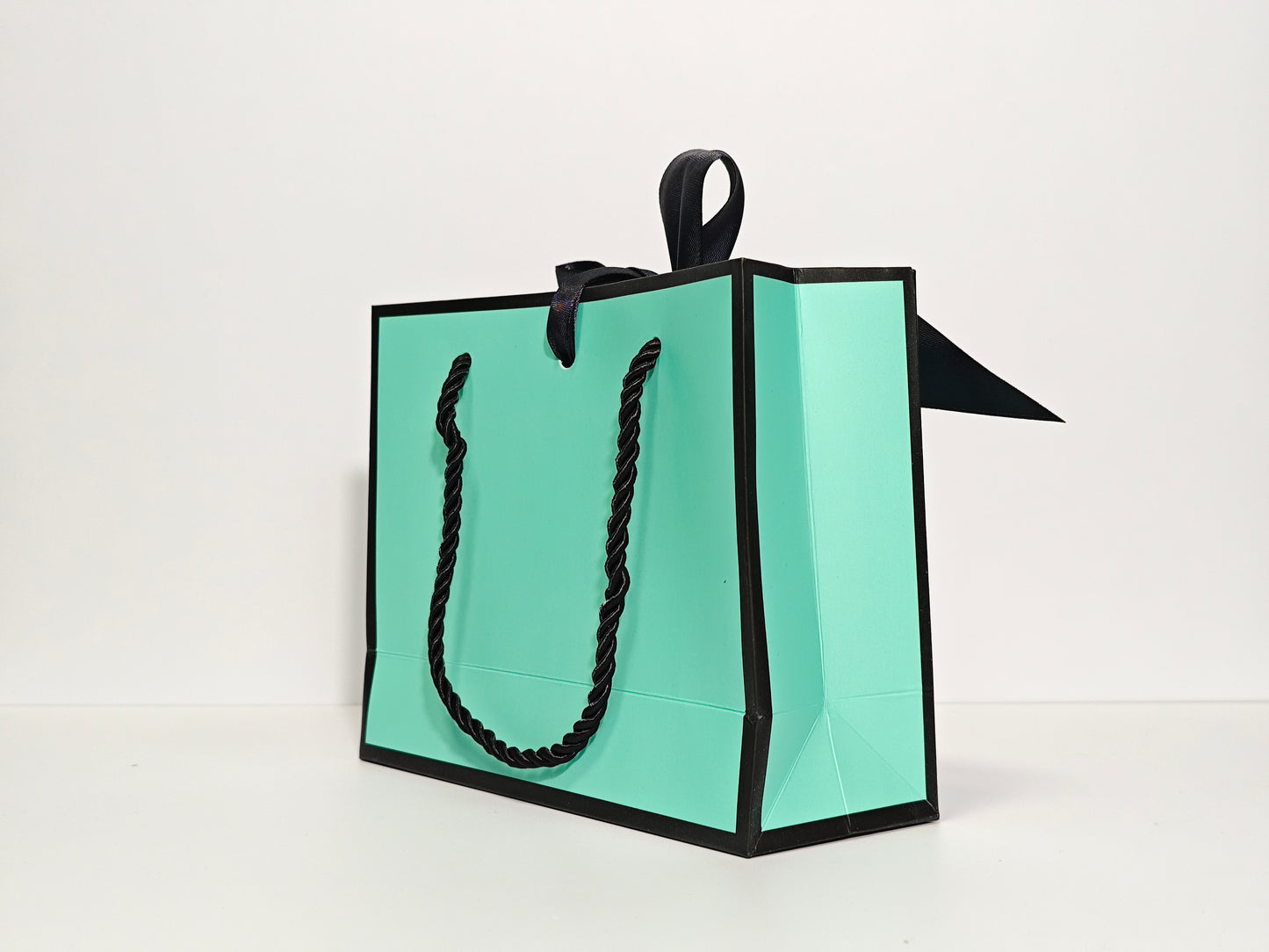 C1 Tiffany Blue Paper Gift Bag with Black Border and black ribbon