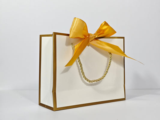 C1 White Paper Gift Bag with Gold Border and gold ribbon C1 19*15*7cm