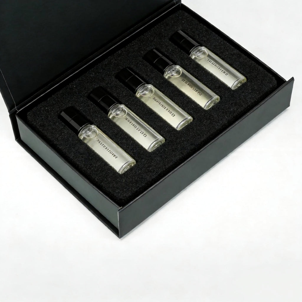 Small Shallow Black Magnetic Gift Box open lid view | perfume skincare set packaging | liyueyibox