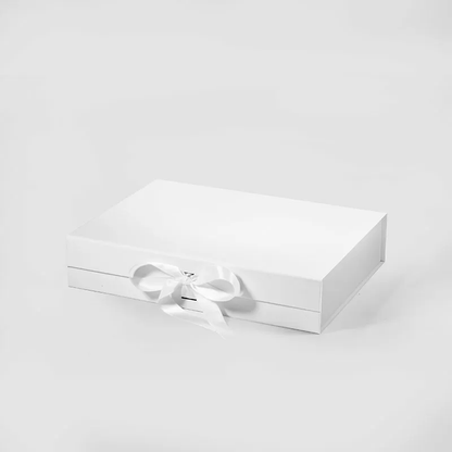 A4 Shallow Magnetic Gift Box White with ribbon