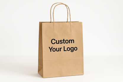生成一张800*800 尺寸 的 纸手提袋 上面写有 Custom Your Logo