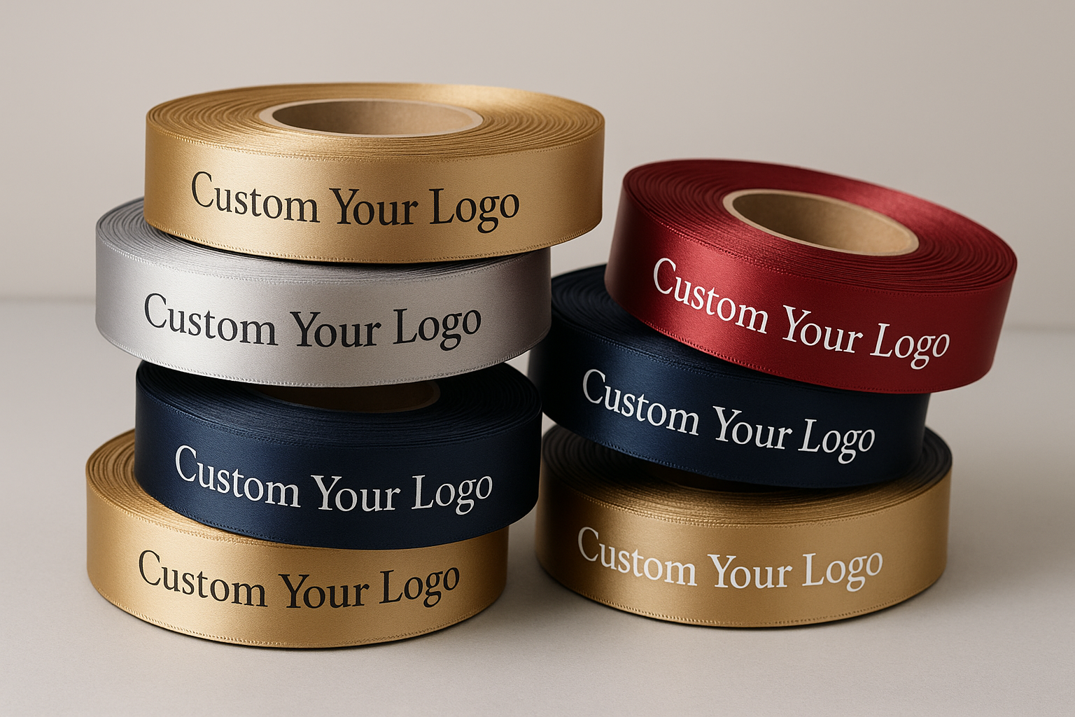 生成一张800*800的丝带成卷叠放 图片，丝带上面写着Custom Your Logo